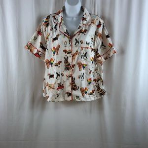 Isaac Mizrahi puppy print mother of pearl button front PJ top NWT L